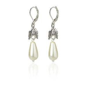 Soft White Glass Pearl Teardrop Antique Silver Leaves Dangle Leverback Earrings